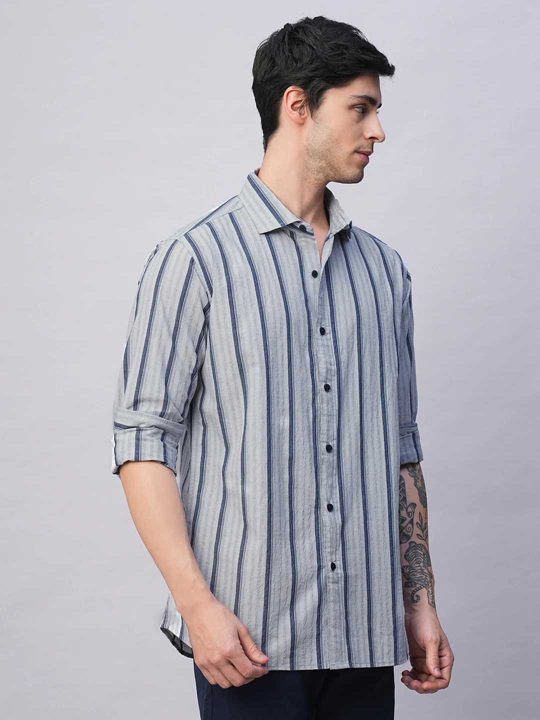 Men's Blue Stripe  Seersucker Slim Fit Shirt - Image 5