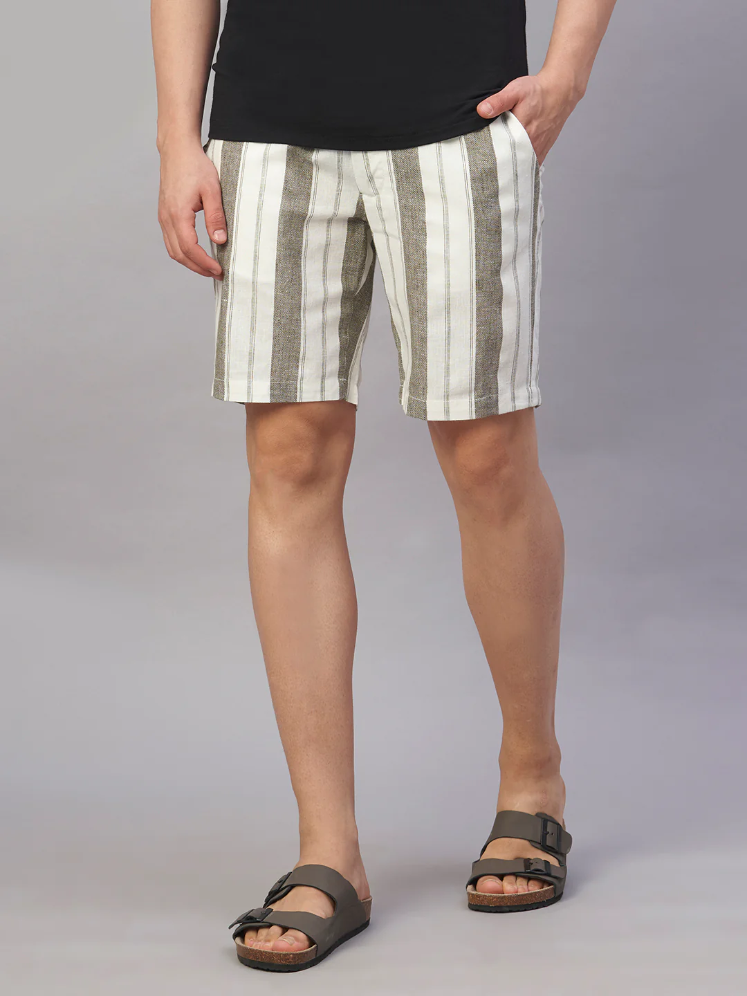 Men's Olive Cotton Linen Regular Fit Shorts - Image 2