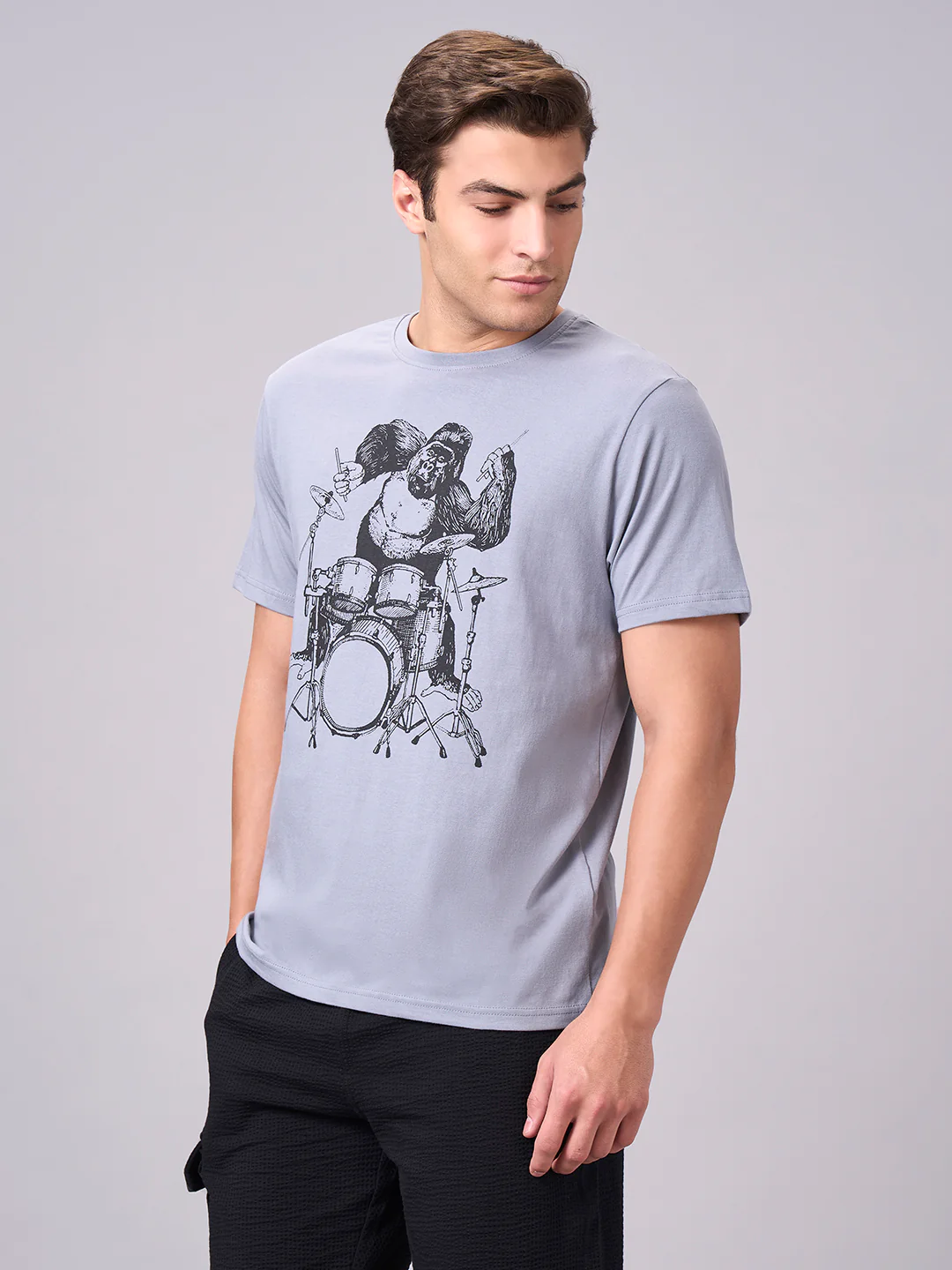 Men's Grey 100% Cotton Regular Fit Tshirt - Image 3