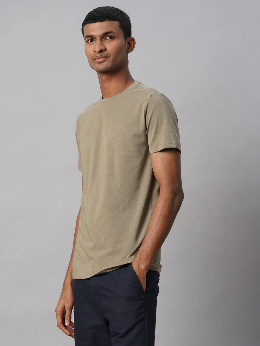 Men's Khaki Cotton Bamboo Elastane Regular Fit Tshirt - Image 3