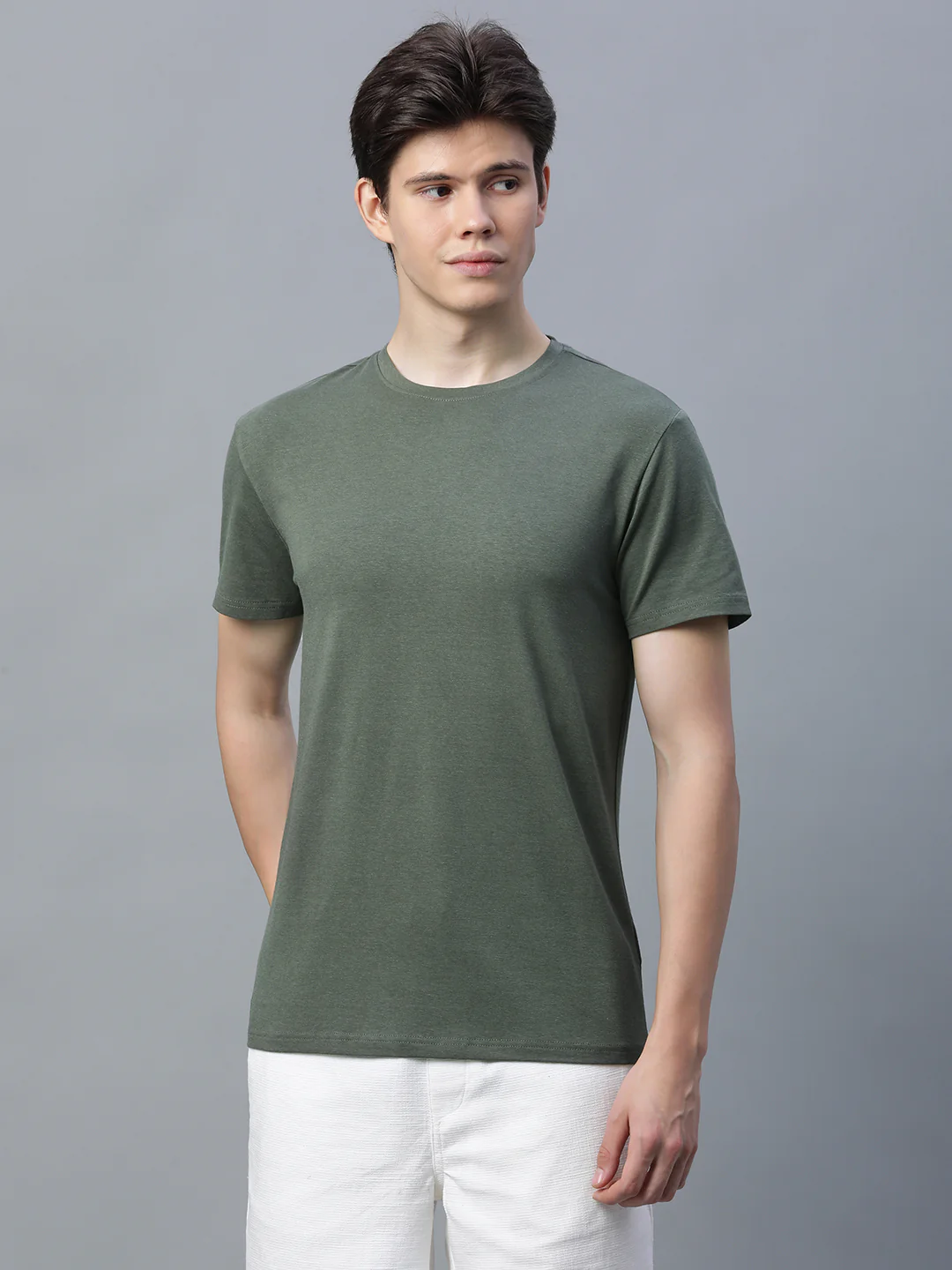 Men's Olive Cotton Bamboo Elastane Regular Fit Tshirt
